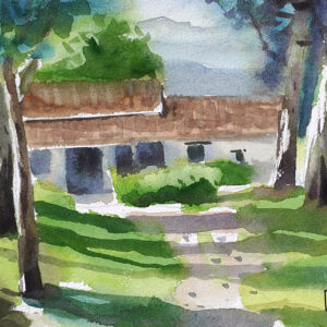 Water color painting trees and house