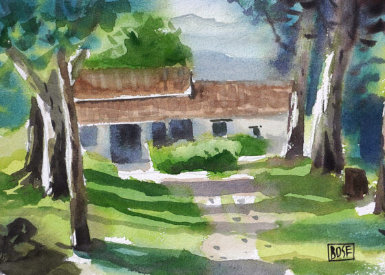 Water color painting trees and house