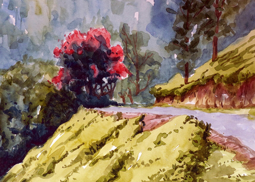 Mountain road Water color painting