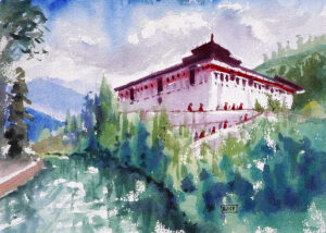 Water color painting The mountain temple