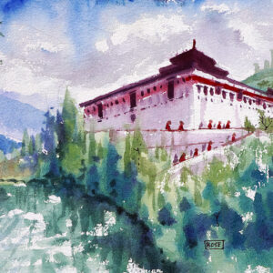 Water color painting The mountain temple